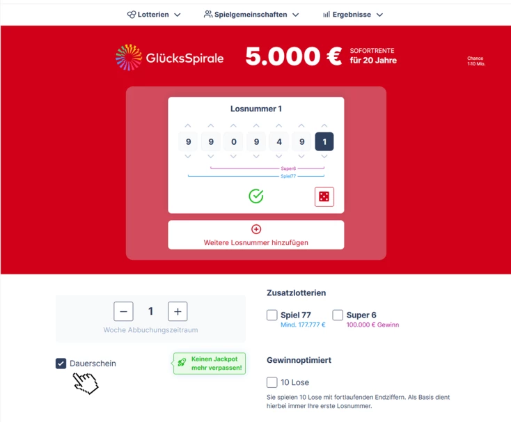 GlücksSpirale Jahreslos -Dauerschein spielen