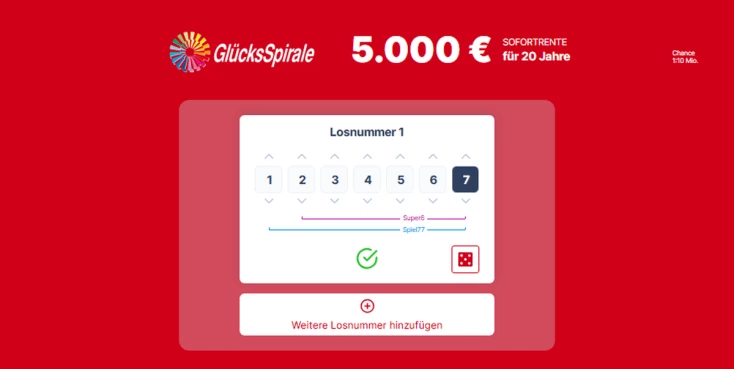 GluecksSpirale-Spielschein - Losnummer aussuchen