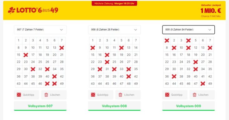 Lotto Vollsystem Spielschein