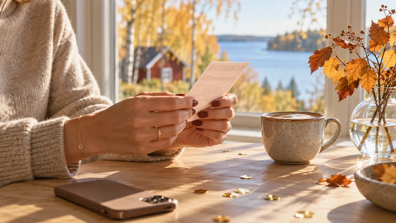 Frau hält Eurojackpot-Schein in der Hand. Herbstliches Wetter