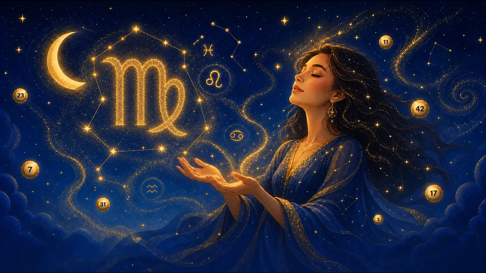 Mystisches Jungfrau-Sternzeichen aus goldenem Sternenstaub, Lotto-Horoskop Oktober 2026