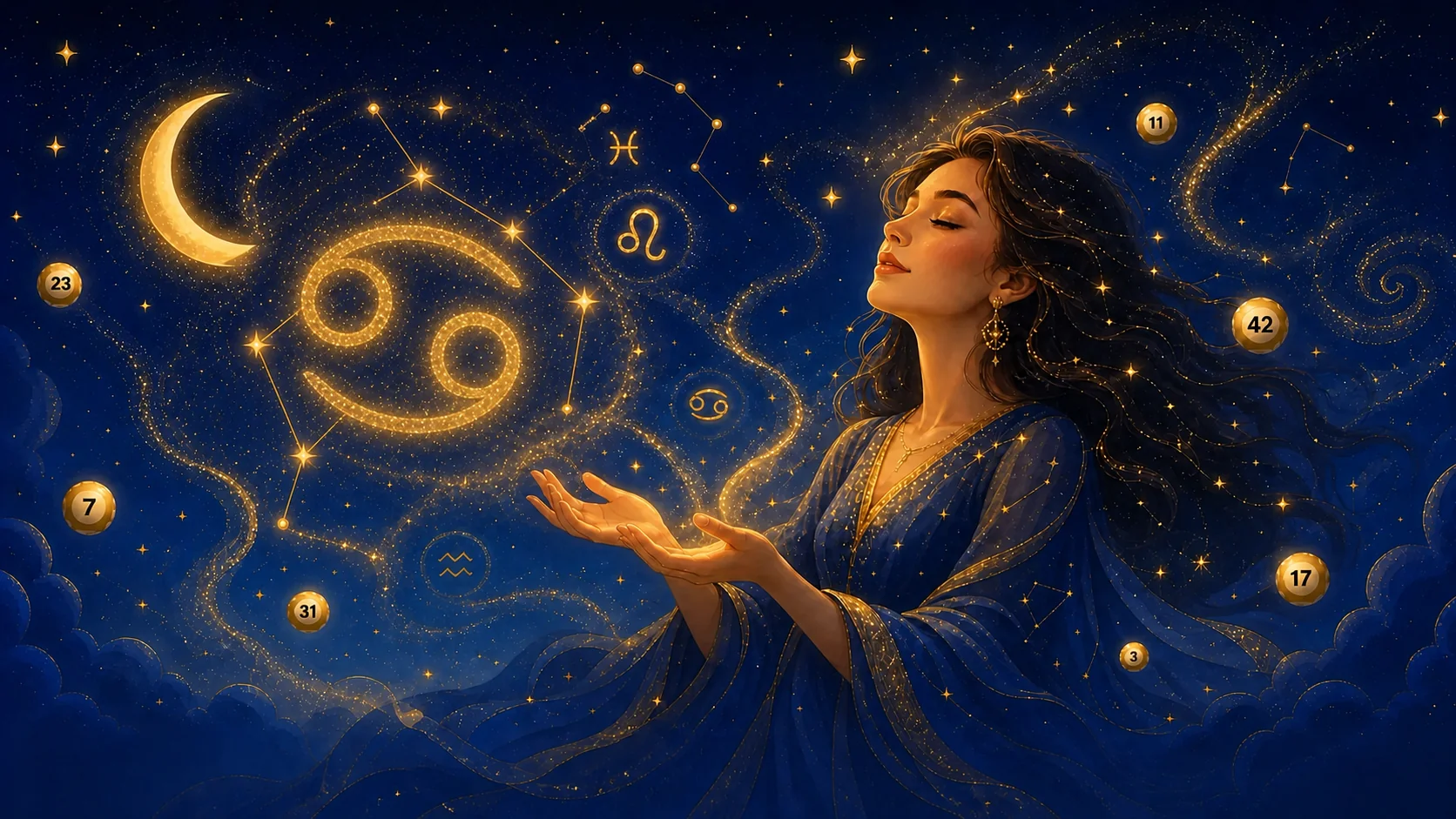 Mystisches Krebs-Sternzeichen aus goldenem Sternenstaub, Lotto-Horoskop Oktober 2026