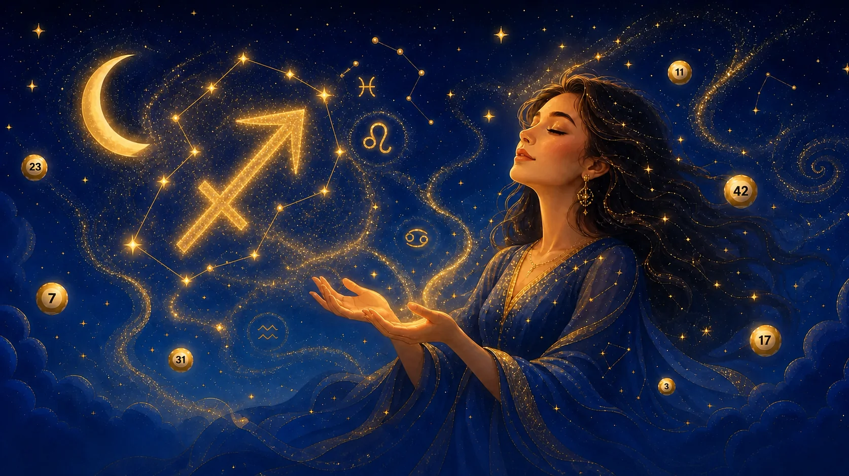 Mystisches Schütze-Sternzeichen aus goldenem Sternenstaub, Lotto-Horoskop Oktober 2026