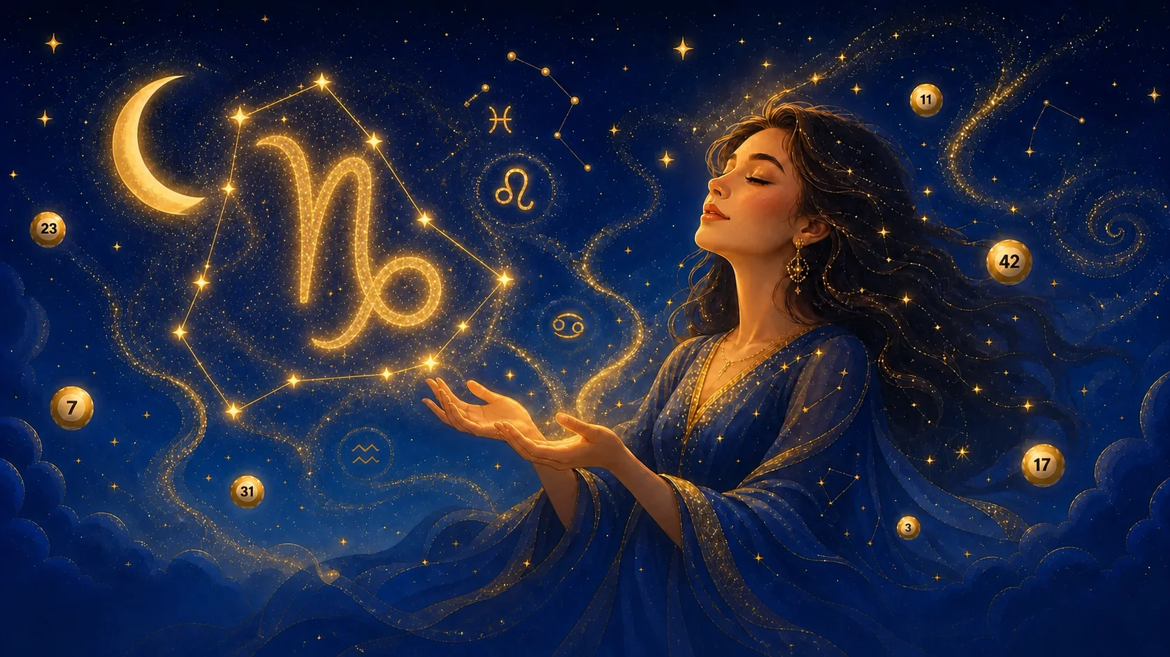 Mystisches Steinbock-Sternzeichen aus goldenem Sternenstaub, Lotto-Horoskop Oktober 2026