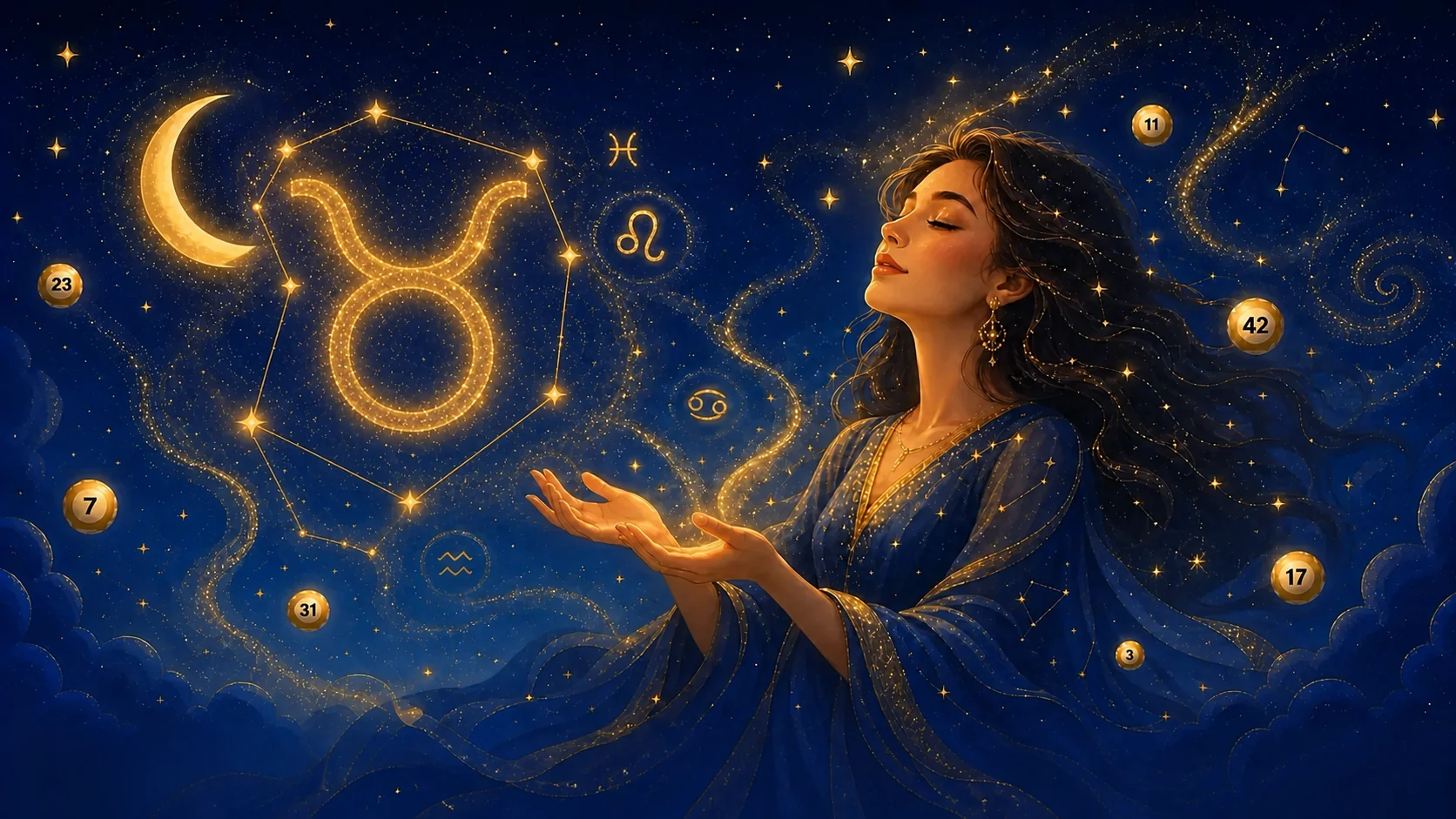 Mystisches Stier-Sternzeichen aus goldenem Sternenstaub, Lotto-Horoskop Oktober 2026