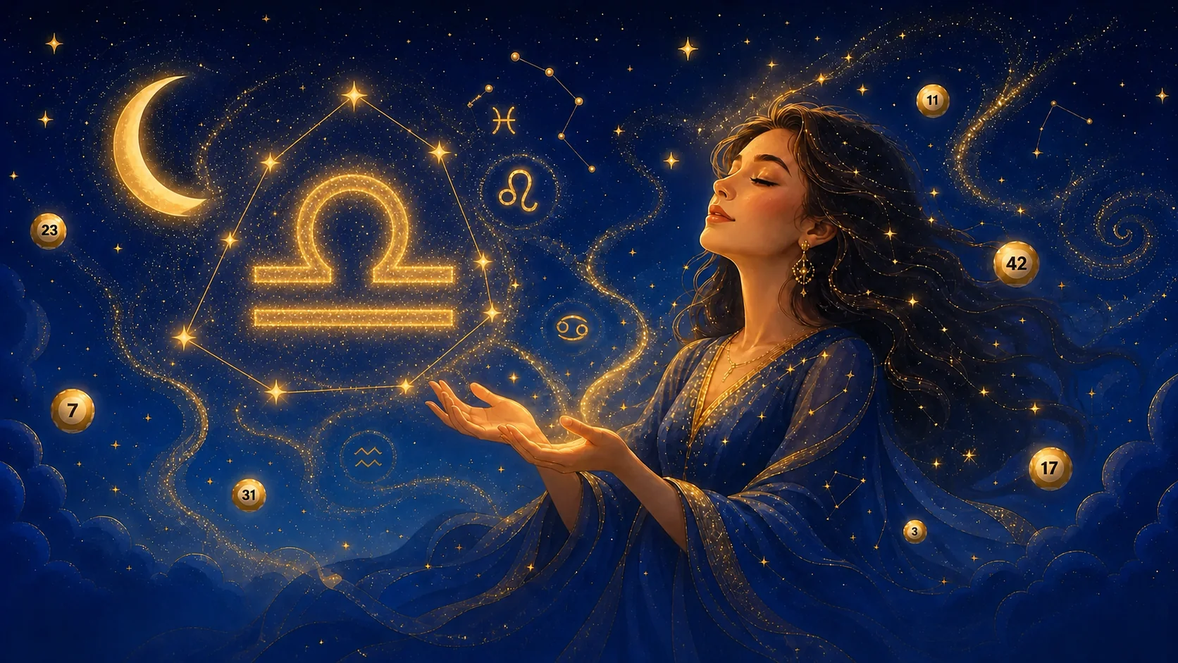 Mystisches Waage-Sternzeichen aus goldenem Sternenstaub, Lotto-Horoskop Oktober 2026