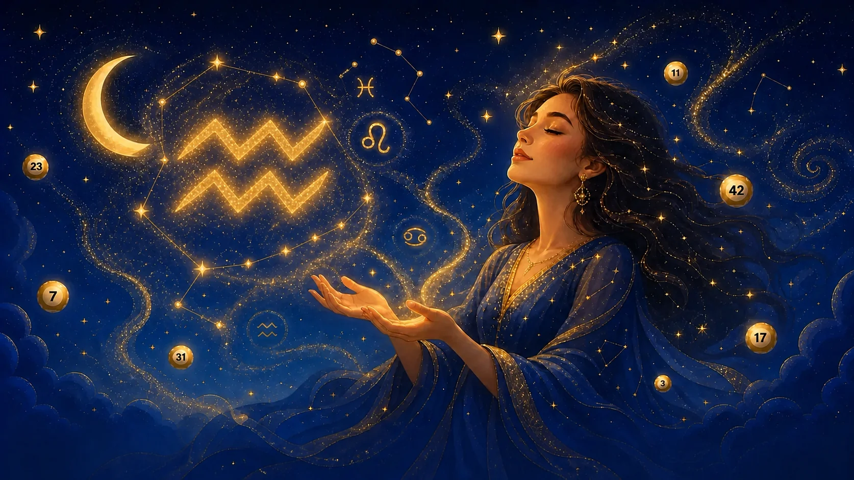 Mystisches Wassermann-Sternzeichen aus goldenem Sternenstaub, Lotto-Horoskop Oktober 2026